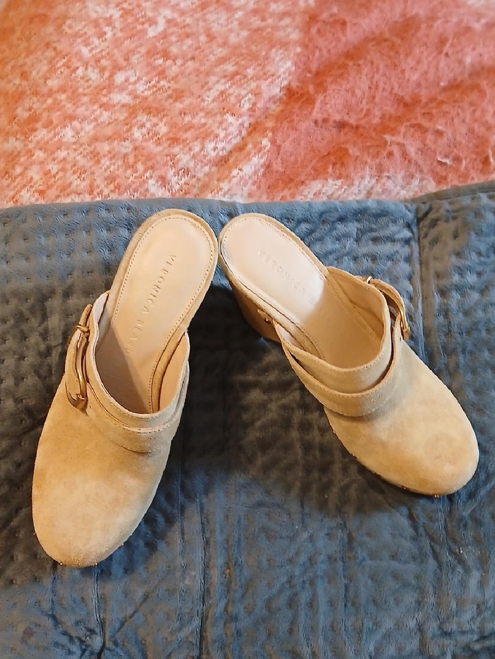 Veronica Beard Tan Suede Buckle Mule Heels